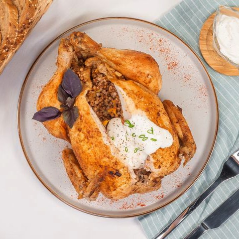 888 Курица запеченная в духовке фаршированная с гречкой